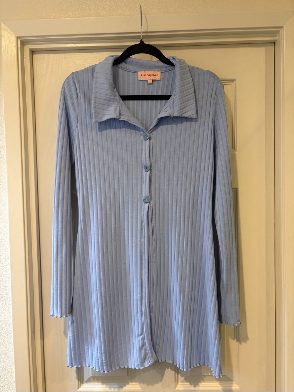 Lisa Says Gah Long Sleeve Ribbed Button-Up Top in Light Blue